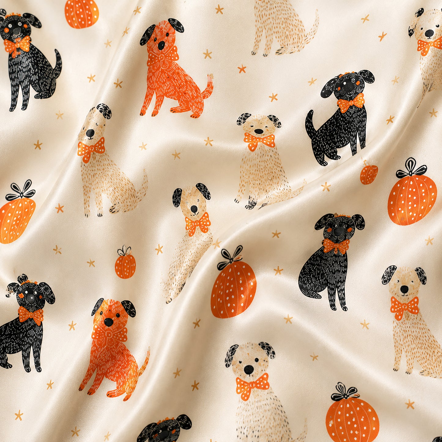 PJ-586-Cream Satin Autumn Dog And Pumpkin Pajamas Fall Pet Sleepwear