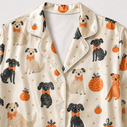 PJ-586-Cream Satin Autumn Dog And Pumpkin Pajamas Fall Pet Sleepwear