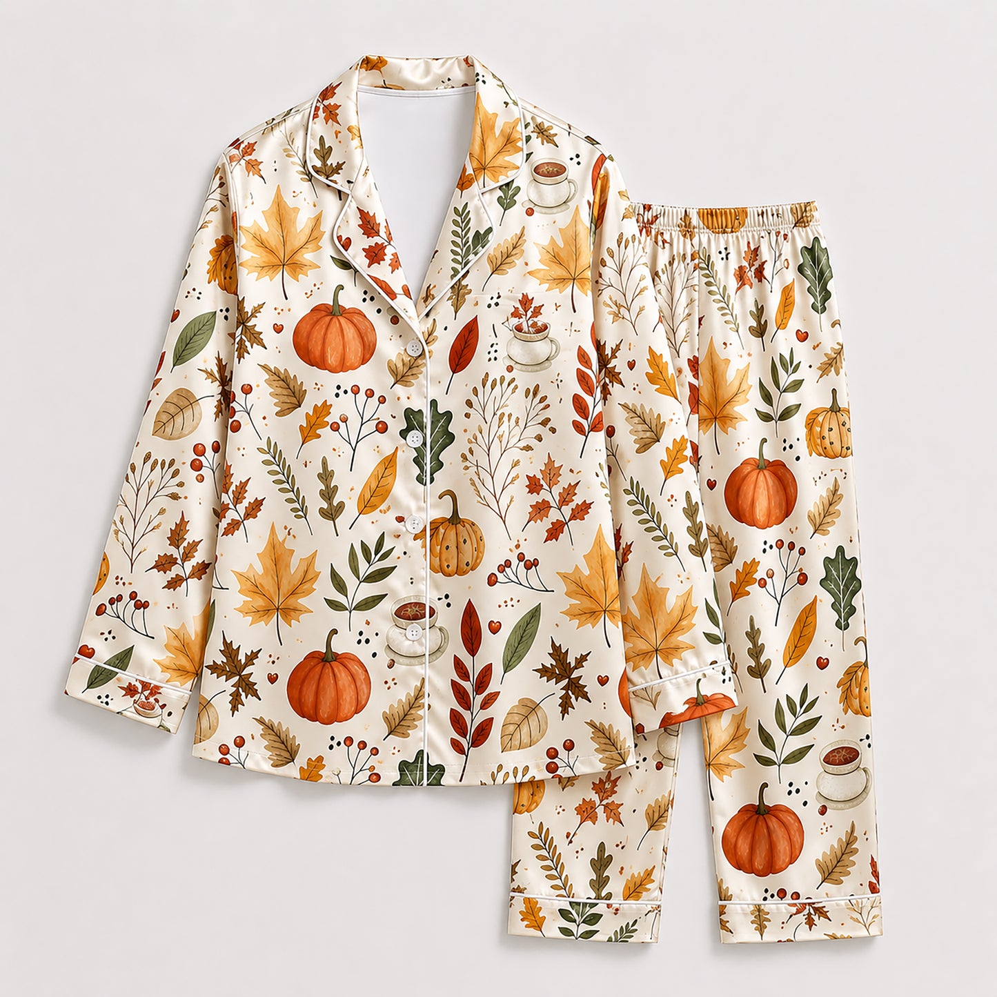 PJ-587-Cream Satin Fall Foliage Pajamas Pumpkin Coffee Autumn Sleepwear
