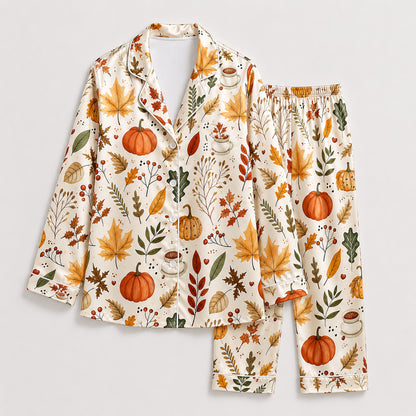PJ-587-Cream Satin Fall Foliage Pajamas Pumpkin Coffee Autumn Sleepwear