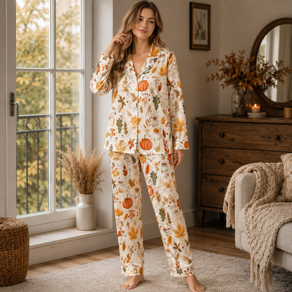 PJ-587-Cream Satin Fall Foliage Pajamas Pumpkin Coffee Autumn Sleepwear