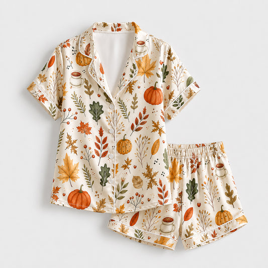 PJ-587-Cream Satin Fall Foliage Pajamas Pumpkin Coffee Autumn Sleepwear