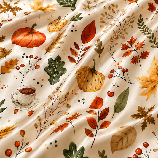 PJ-587-Cream Satin Fall Foliage Pajamas Pumpkin Coffee Autumn Sleepwear
