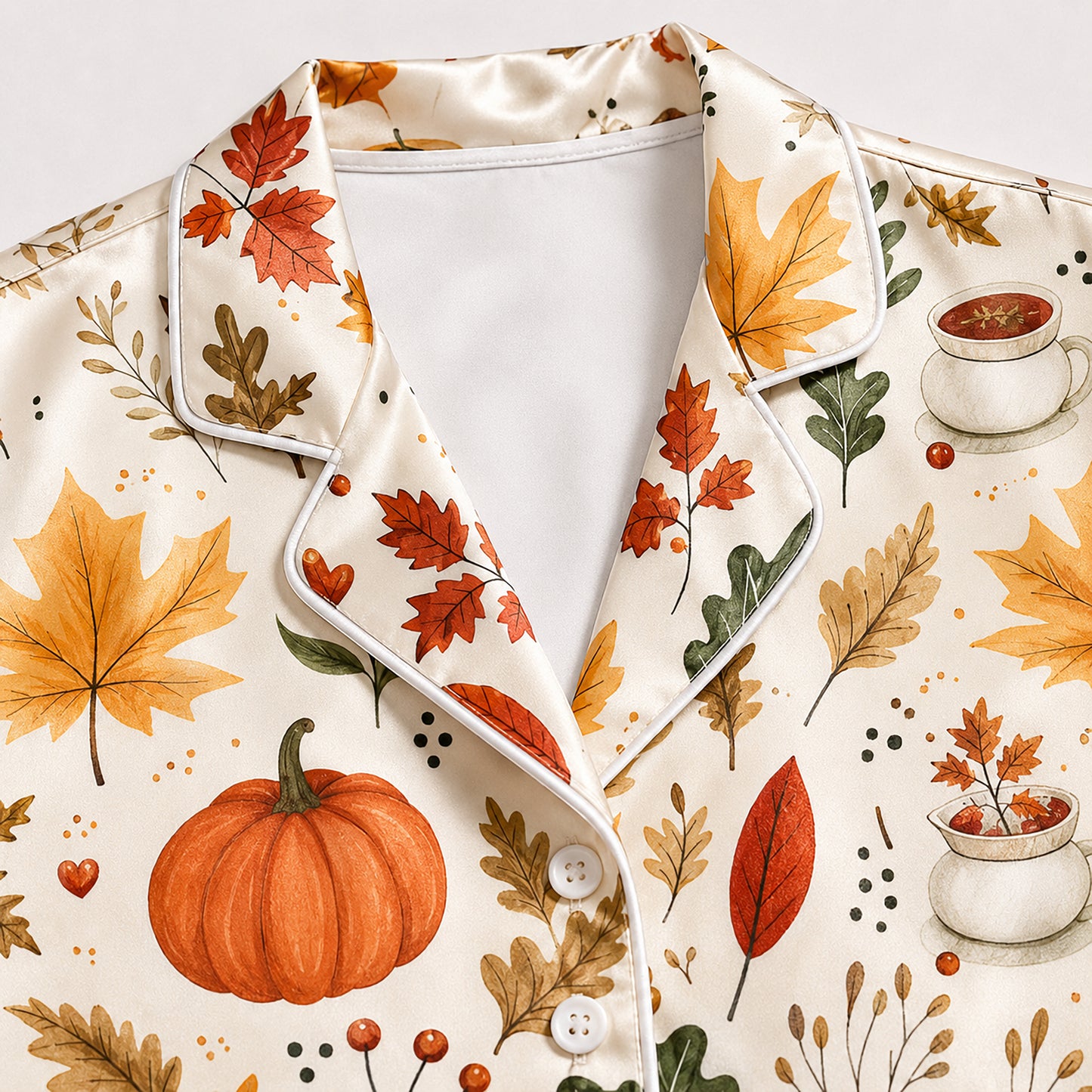 PJ-587-Cream Satin Fall Foliage Pajamas Pumpkin Coffee Autumn Sleepwear