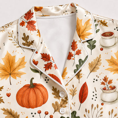 PJ-587-Cream Satin Fall Foliage Pajamas Pumpkin Coffee Autumn Sleepwear