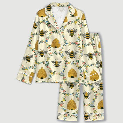 PJ-588-Bumblebee Floral Satin Pajamas Yellow Honey Beehive Spring Sleepwear Cottagecore Pjs