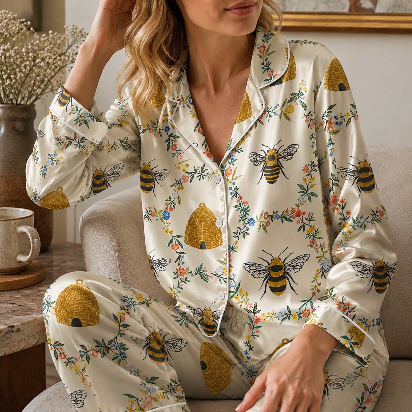 PJ-588-Bumblebee Floral Satin Pajamas Yellow Honey Beehive Spring Sleepwear Cottagecore Pjs