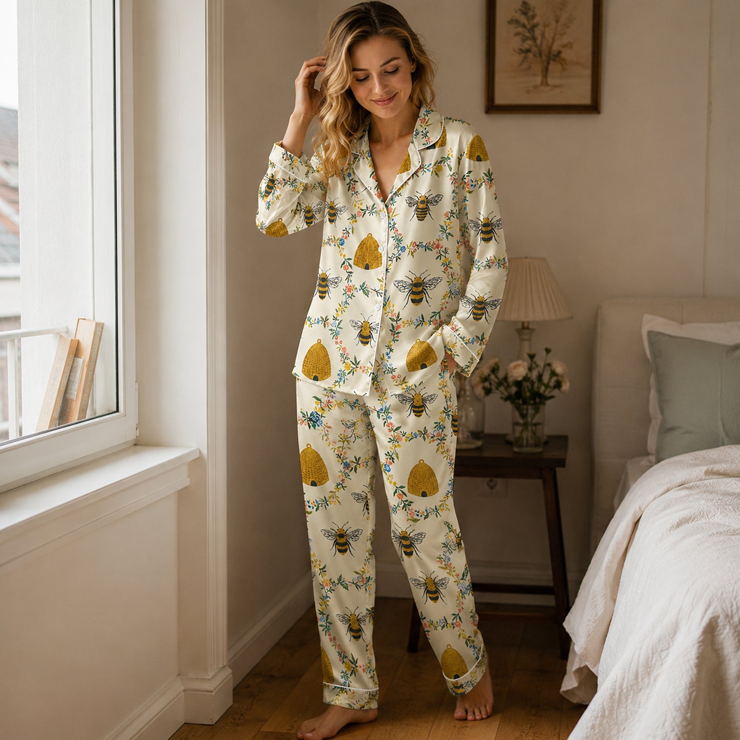 PJ-588-Bumblebee Floral Satin Pajamas Yellow Honey Beehive Spring Sleepwear Cottagecore Pjs