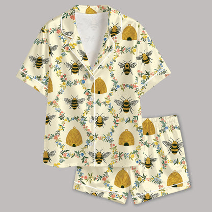 PJ-588-Bumblebee Floral Satin Pajamas Yellow Honey Beehive Spring Sleepwear Cottagecore Pjs