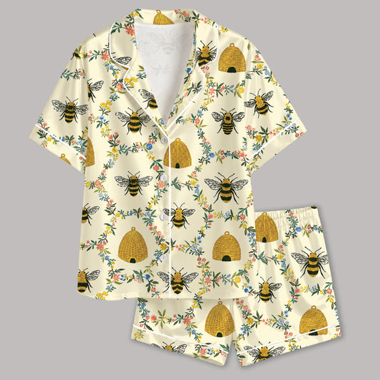 PJ-588-Bumblebee Floral Satin Pajamas Yellow Honey Beehive Spring Sleepwear Cottagecore Pjs