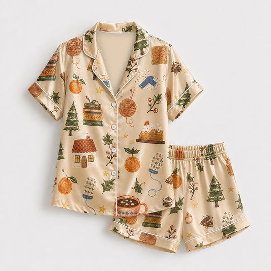 PJ-589-Cozy Winter Holiday Satin Pajamas Cottagecore Pine Tree Christmas Sleepwear
