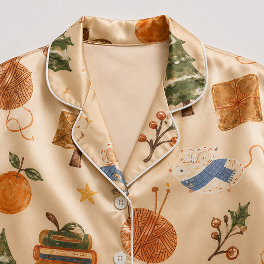 PJ-589-Cozy Winter Holiday Satin Pajamas Cottagecore Pine Tree Christmas Sleepwear