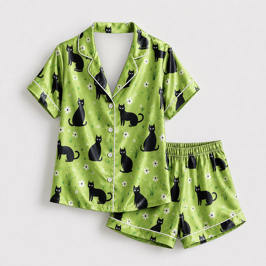 PJ-590-Green Satin Pajamas Black Cat Floral Print Spring Sleepwear Cute Animal Pjs