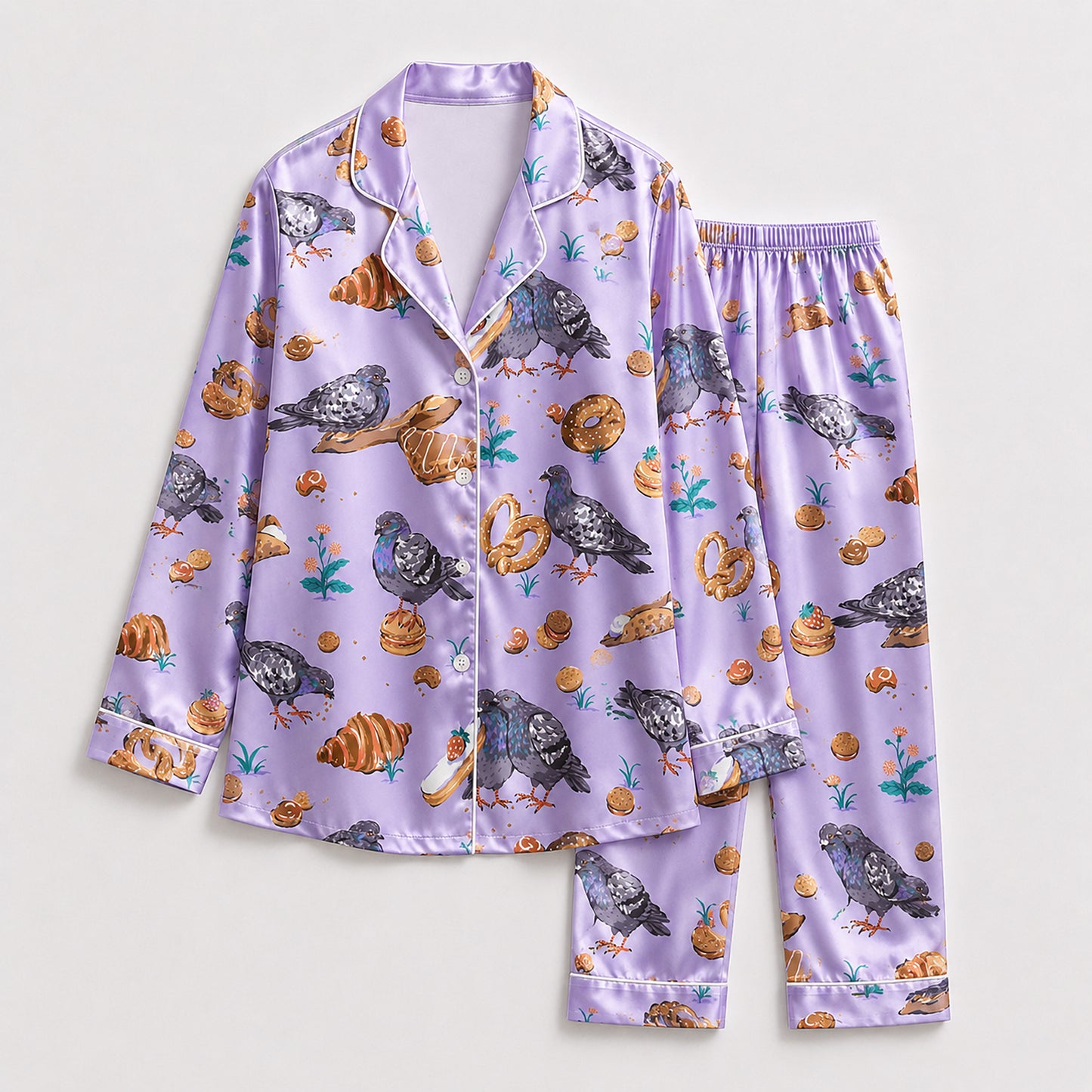 PJ-591-Lavender Pigeon Bird Satin Pajamas Croissant Bakery Print Sleepwear