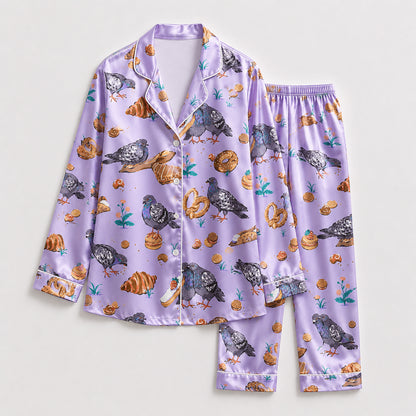 PJ-591-Lavender Pigeon Bird Satin Pajamas Croissant Bakery Print Sleepwear