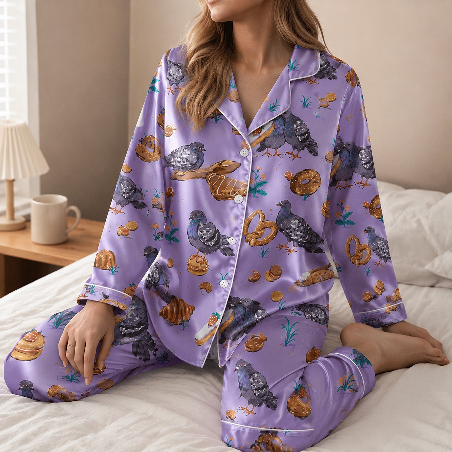 PJ-591-Lavender Pigeon Bird Satin Pajamas Croissant Bakery Print Sleepwear
