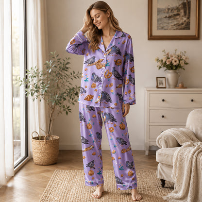 PJ-591-Lavender Pigeon Bird Satin Pajamas Croissant Bakery Print Sleepwear