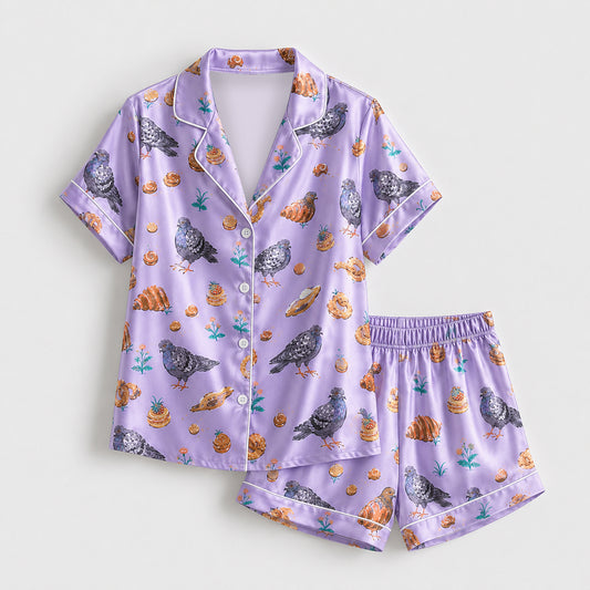 PJ-591-Lavender Pigeon Bird Satin Pajamas Croissant Bakery Print Sleepwear