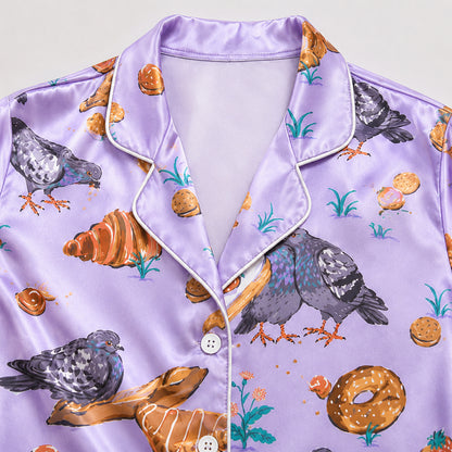 PJ-591-Lavender Pigeon Bird Satin Pajamas Croissant Bakery Print Sleepwear