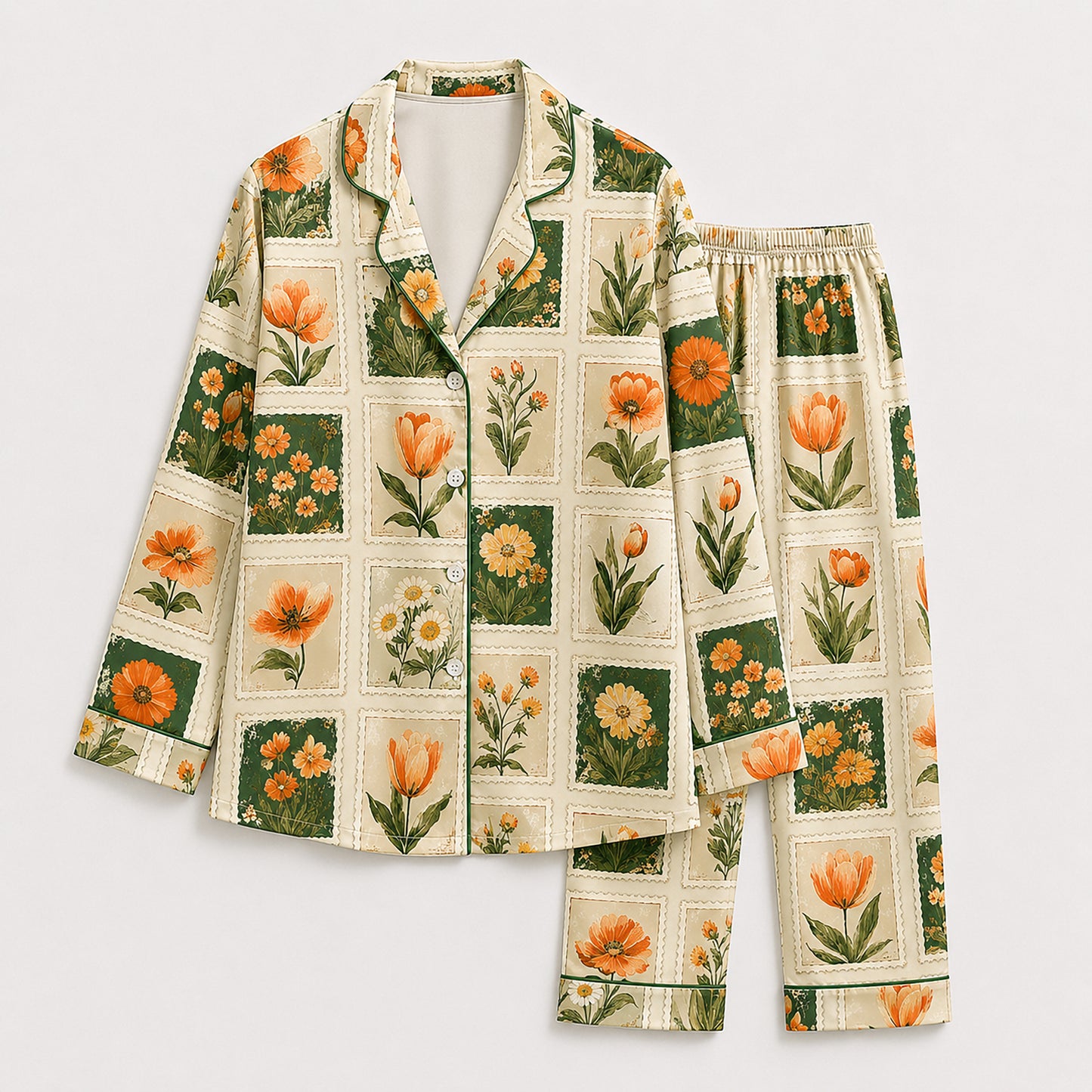 PJ-592-Vintage Botanical Stamp Satin Pajamas Orange Tulip Floral Sleepwear Cottagecore Pjs