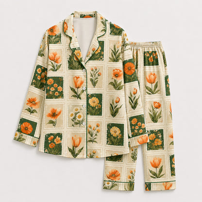 PJ-592-Vintage Botanical Stamp Satin Pajamas Orange Tulip Floral Sleepwear Cottagecore Pjs