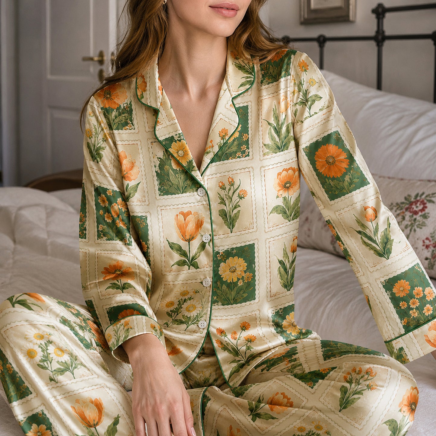 PJ-592-Vintage Botanical Stamp Satin Pajamas Orange Tulip Floral Sleepwear Cottagecore Pjs
