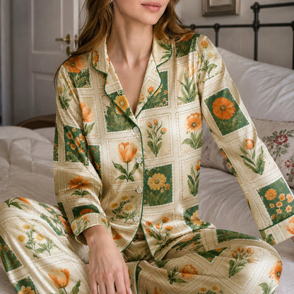 PJ-592-Vintage Botanical Stamp Satin Pajamas Orange Tulip Floral Sleepwear Cottagecore Pjs