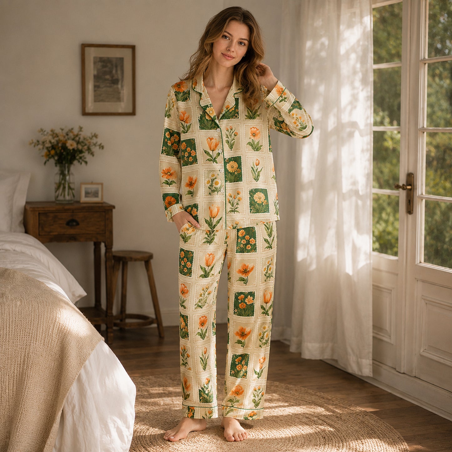 PJ-592-Vintage Botanical Stamp Satin Pajamas Orange Tulip Floral Sleepwear Cottagecore Pjs