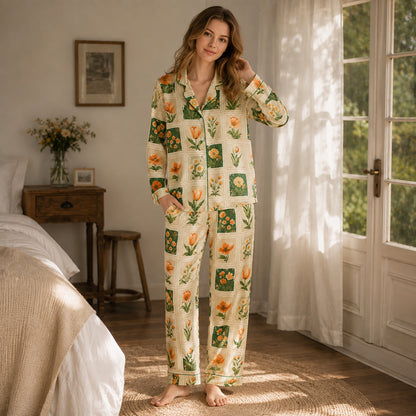 PJ-592-Vintage Botanical Stamp Satin Pajamas Orange Tulip Floral Sleepwear Cottagecore Pjs