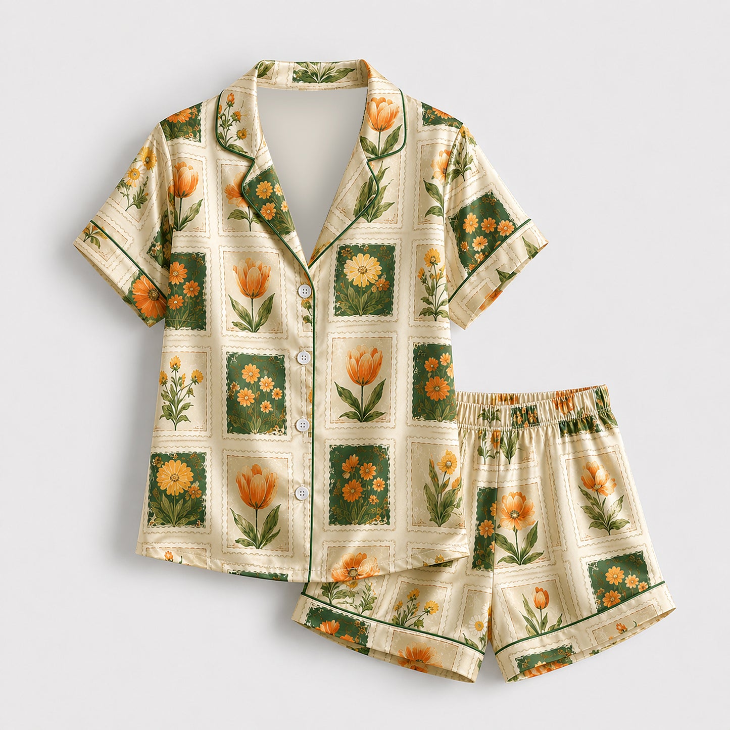 PJ-592-Vintage Botanical Stamp Satin Pajamas Orange Tulip Floral Sleepwear Cottagecore Pjs