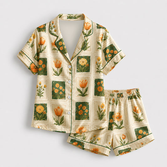 PJ-592-Vintage Botanical Stamp Satin Pajamas Orange Tulip Floral Sleepwear Cottagecore Pjs