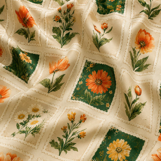 PJ-592-Vintage Botanical Stamp Satin Pajamas Orange Tulip Floral Sleepwear Cottagecore Pjs