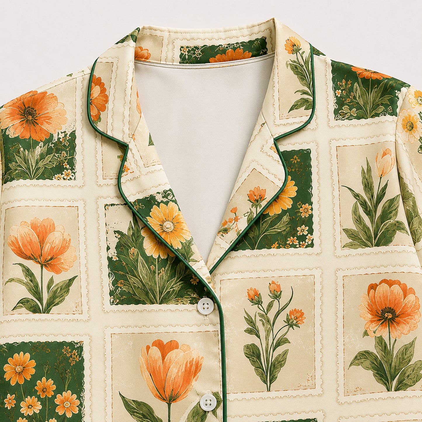 PJ-592-Vintage Botanical Stamp Satin Pajamas Orange Tulip Floral Sleepwear Cottagecore Pjs