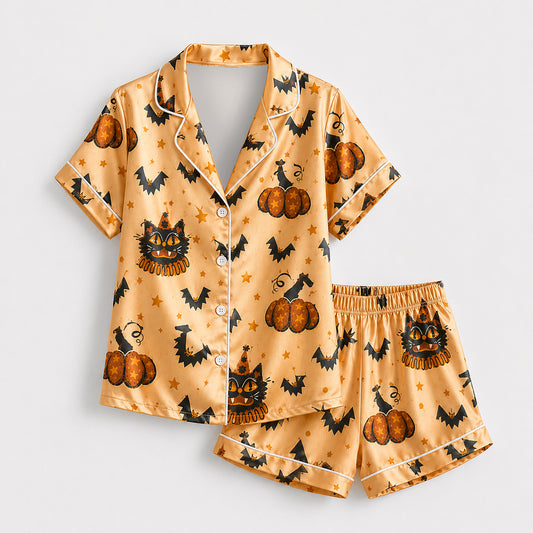 PJ-593-Vintage Halloween Black Cat Satin Pajamas Retro Pumpkin Bat Sleepwear Orange Star Pjs