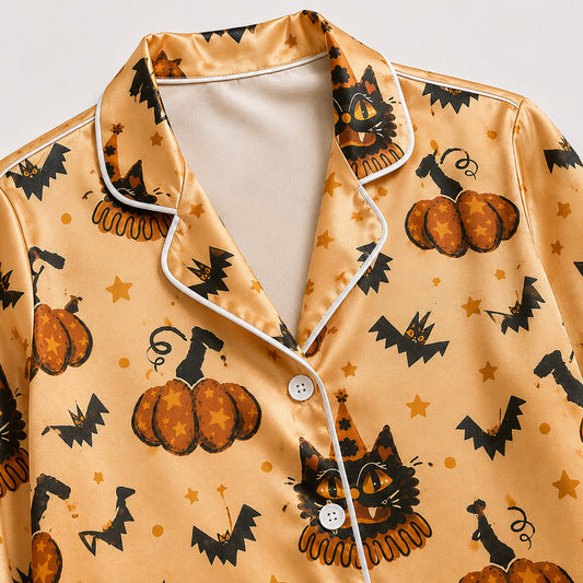 PJ-593-Vintage Halloween Black Cat Satin Pajamas Retro Pumpkin Bat Sleepwear Orange Star Pjs