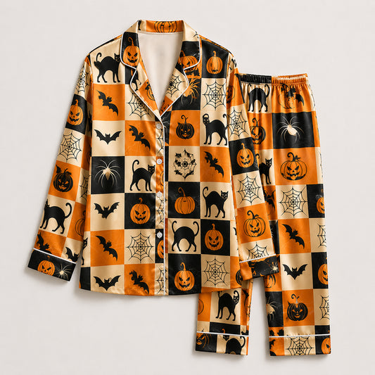PJ-594-Checkerboard Halloween Satin Pajamas Spooky Jack O Lantern Black Cat Spider Web Sleepwear