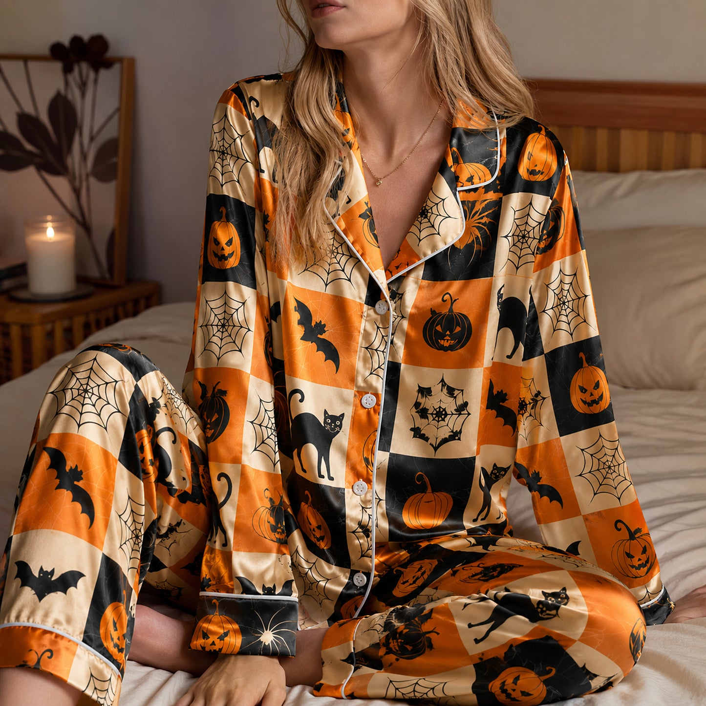 PJ-594-Checkerboard Halloween Satin Pajamas Spooky Jack O Lantern Black Cat Spider Web Sleepwear