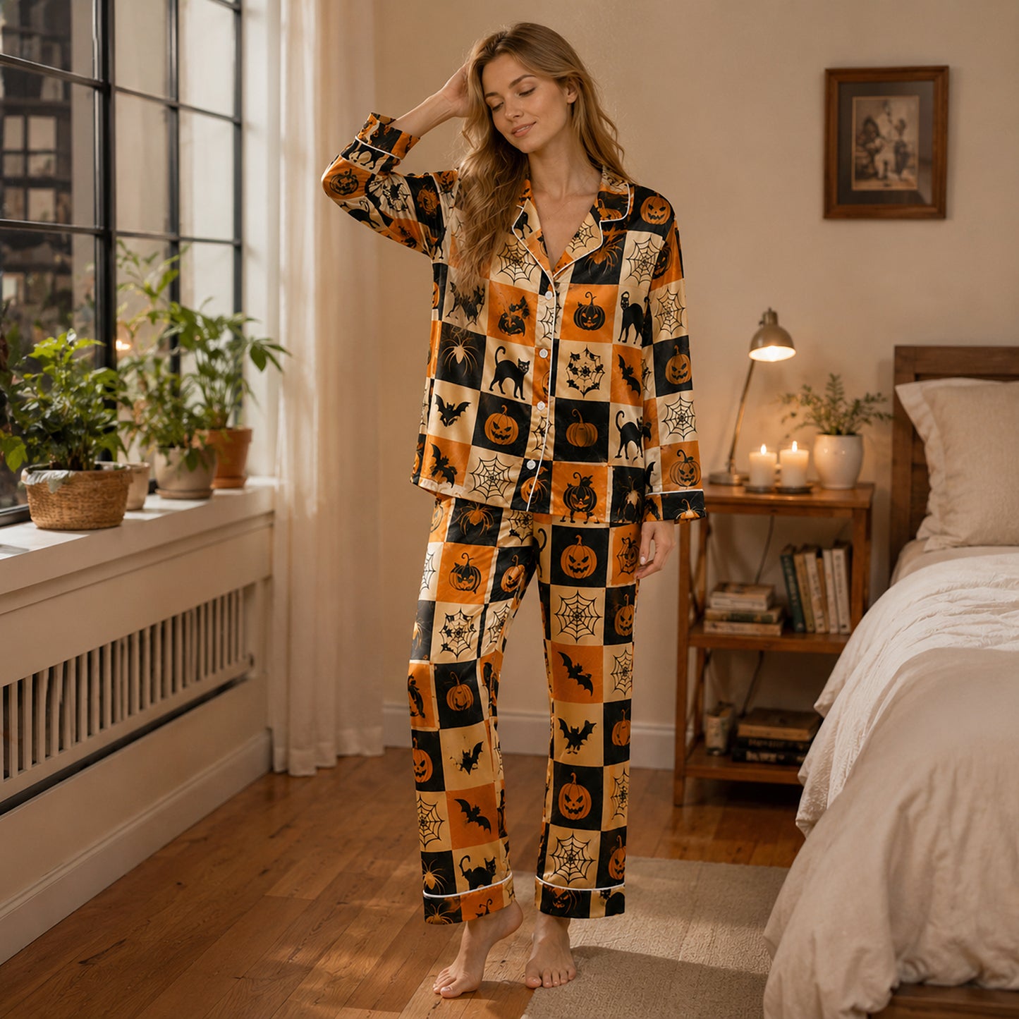 PJ-594-Checkerboard Halloween Satin Pajamas Spooky Jack O Lantern Black Cat Spider Web Sleepwear