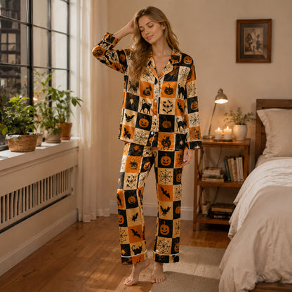PJ-594-Checkerboard Halloween Satin Pajamas Spooky Jack O Lantern Black Cat Spider Web Sleepwear