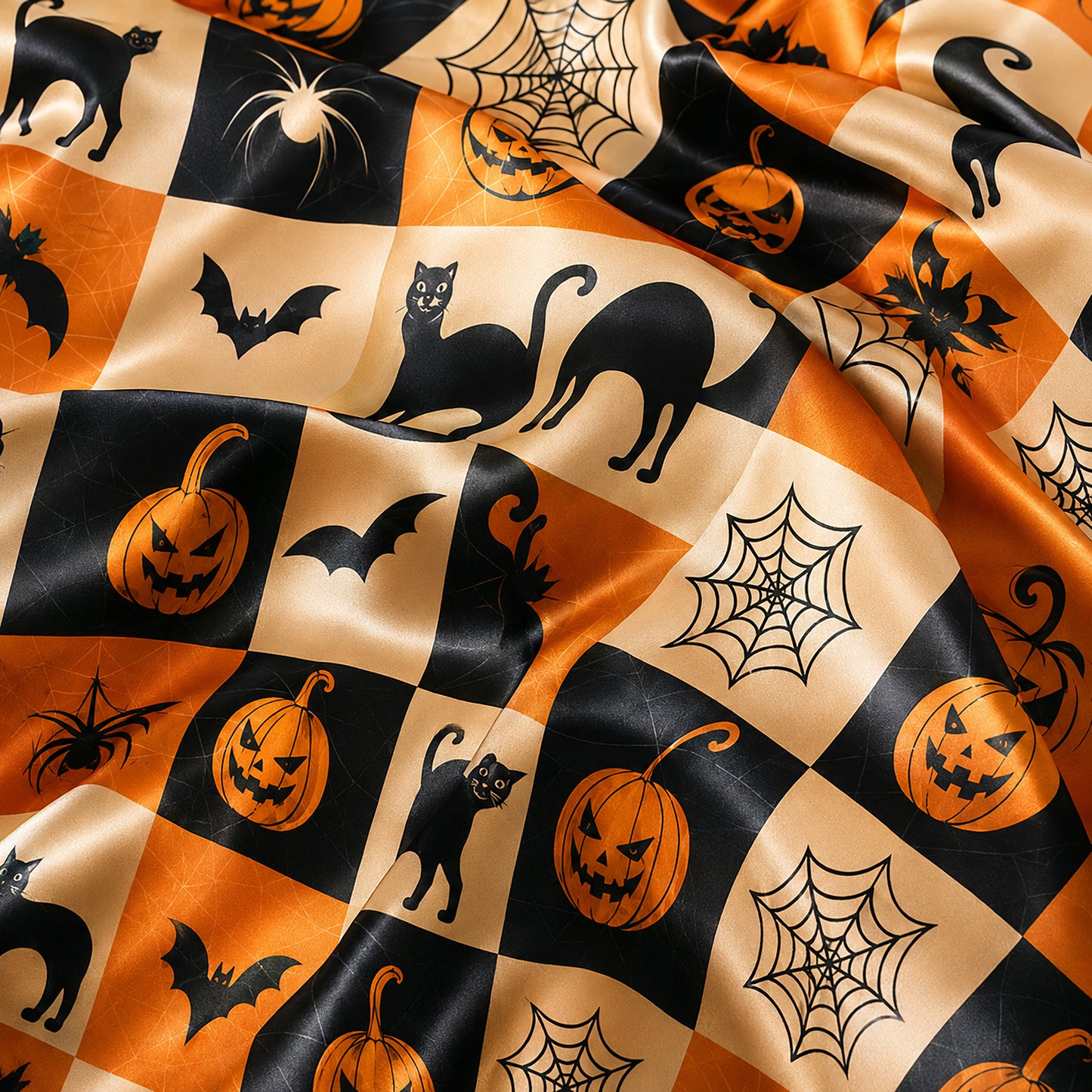 PJ-594-Checkerboard Halloween Satin Pajamas Spooky Jack O Lantern Black Cat Spider Web Sleepwear