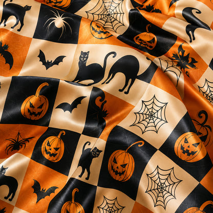 PJ-594-Checkerboard Halloween Satin Pajamas Spooky Jack O Lantern Black Cat Spider Web Sleepwear