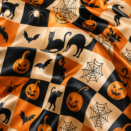 PJ-594-Checkerboard Halloween Satin Pajamas Spooky Jack O Lantern Black Cat Spider Web Sleepwear