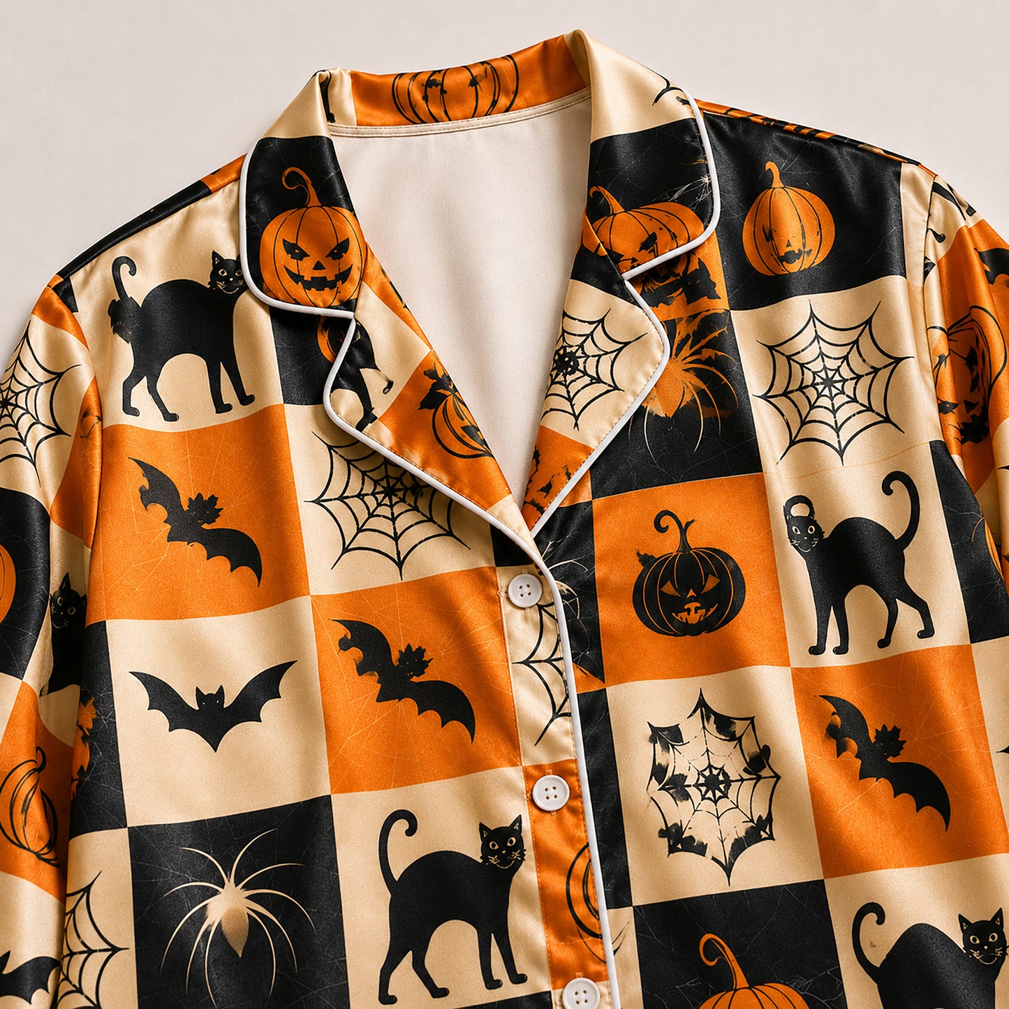 PJ-594-Checkerboard Halloween Satin Pajamas Spooky Jack O Lantern Black Cat Spider Web Sleepwear