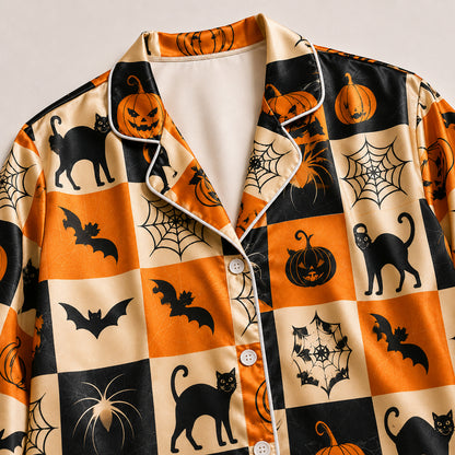 PJ-594-Checkerboard Halloween Satin Pajamas Spooky Jack O Lantern Black Cat Spider Web Sleepwear