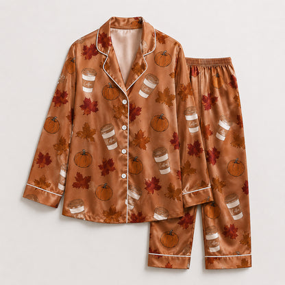 PJ-595-Burnt Orange Pumpkin Coffee Satin Pajamas Fall Maple Leaf Autumn Sleepwear