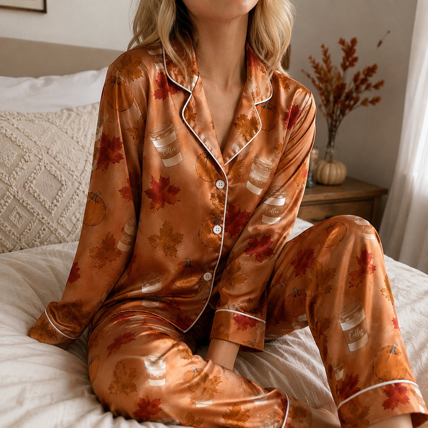 PJ-595-Burnt Orange Pumpkin Coffee Satin Pajamas Fall Maple Leaf Autumn Sleepwear