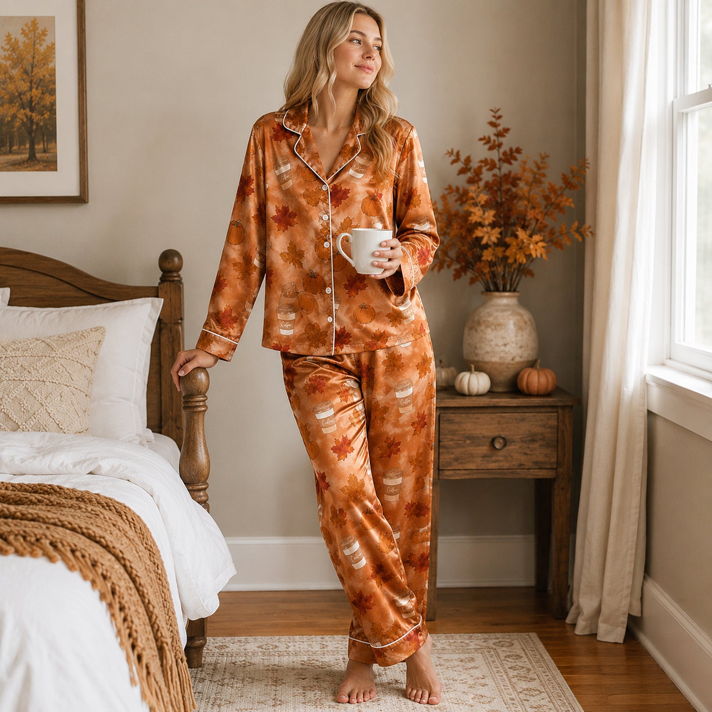 PJ-595-Burnt Orange Pumpkin Coffee Satin Pajamas Fall Maple Leaf Autumn Sleepwear