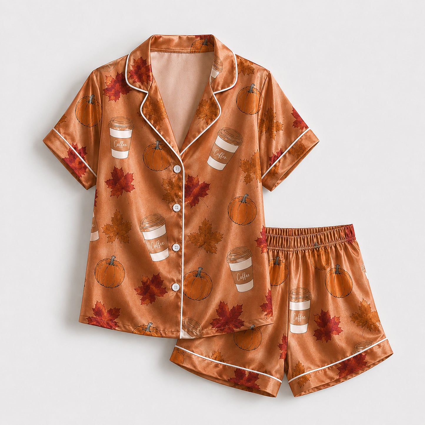 PJ-595-Burnt Orange Pumpkin Coffee Satin Pajamas Fall Maple Leaf Autumn Sleepwear