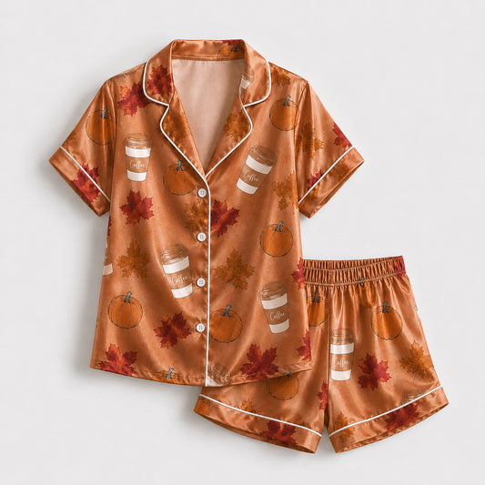 PJ-595-Burnt Orange Pumpkin Coffee Satin Pajamas Fall Maple Leaf Autumn Sleepwear