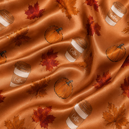 PJ-595-Burnt Orange Pumpkin Coffee Satin Pajamas Fall Maple Leaf Autumn Sleepwear